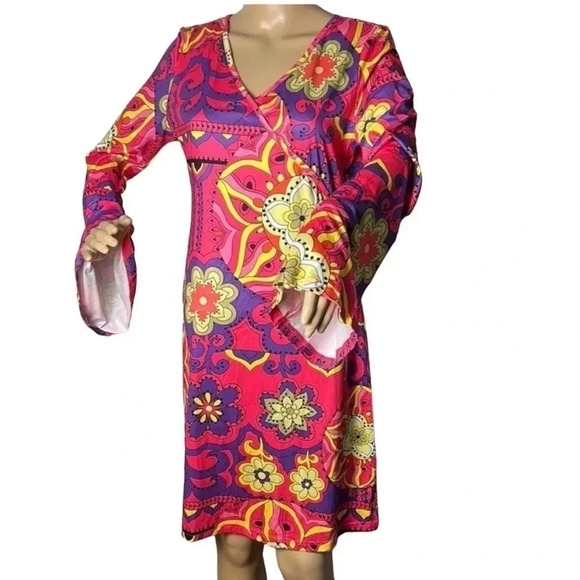 Disco vibe Dress ,M. artsy,floral,Bell sleeve,60’s vibe ,colorful ,cosplay EC - Picture 3 of 8